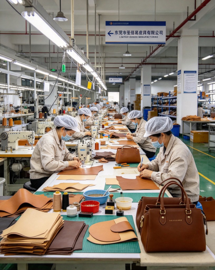 Sewing stations in the Shengbaiyi leather workshop, where pet bags are cut and stitched