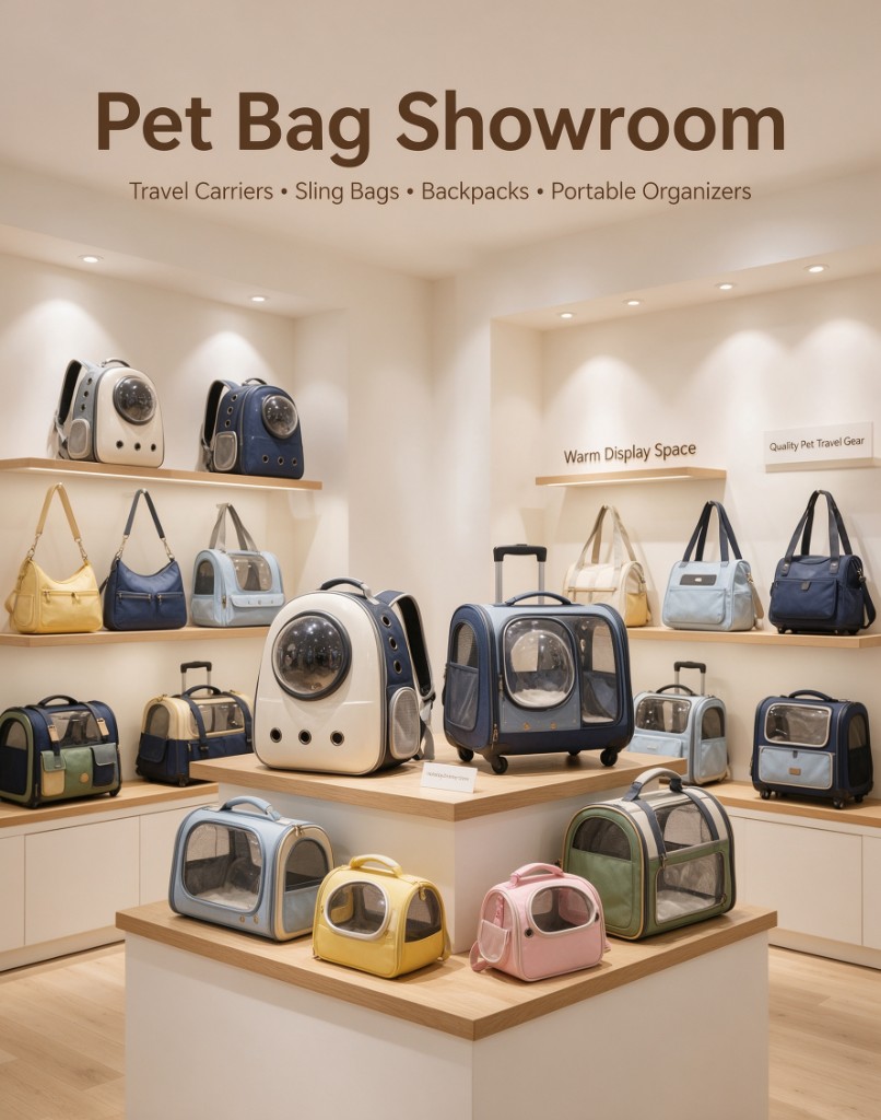 A showroom of pet carriers, sling bags, backpacks, and rolling bags