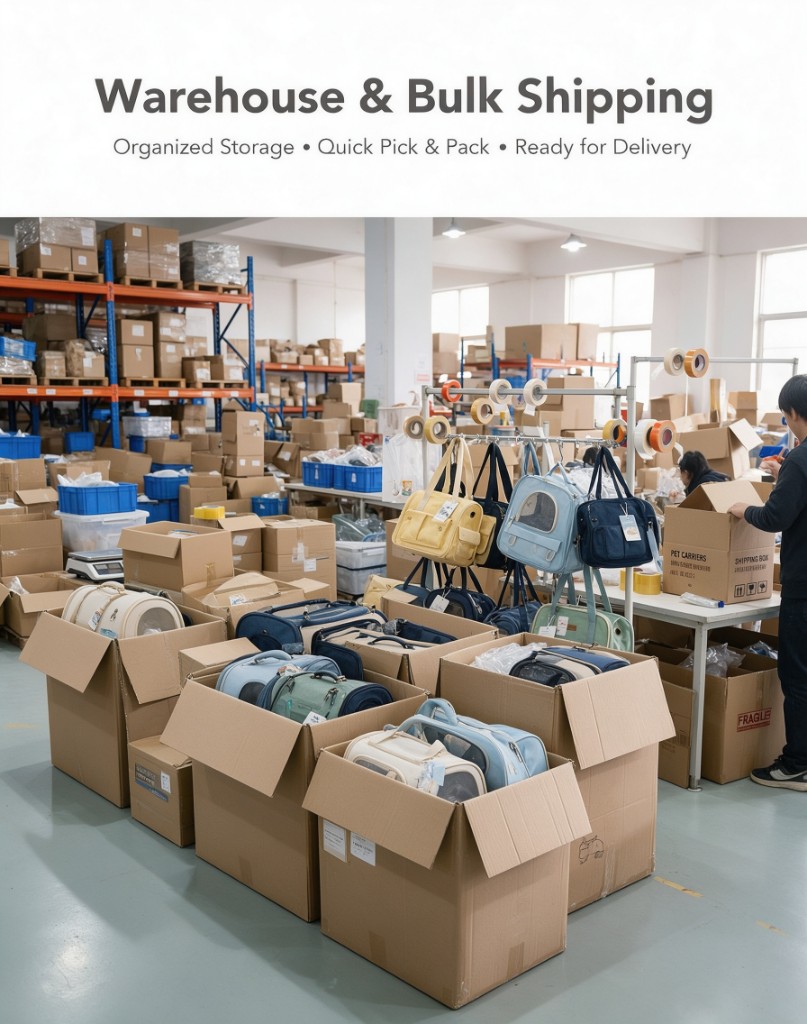 Finished pet carriers packed into cartons in the warehouse
