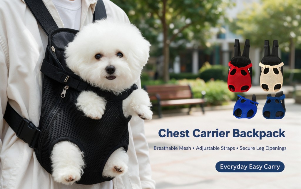 A white dog in a black mesh chest carrier, with red, beige, and blue versions shown from the back