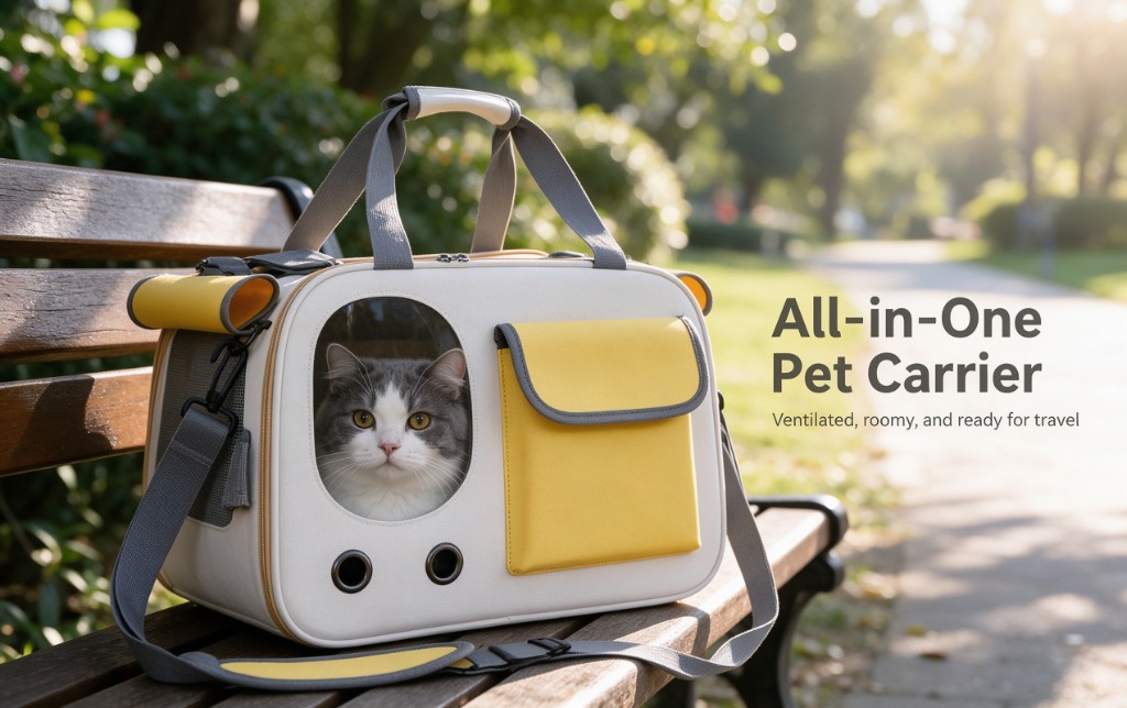 A cream and yellow pet carrier on a park bench, with a grey and white cat looking through a round window