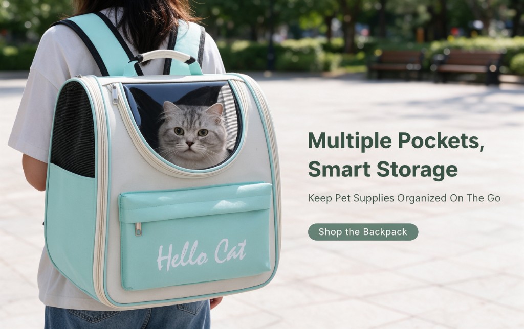 A mint and cream pet carrier backpack worn on a person's back, with a cat at the front window and a pocket below