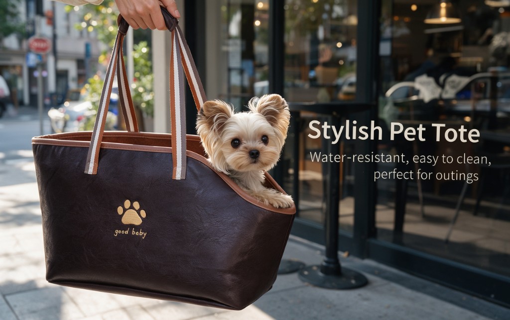 A brown pet tote bag carried by striped handles, with a small Yorkshire terrier looking out, on a city sidewalk