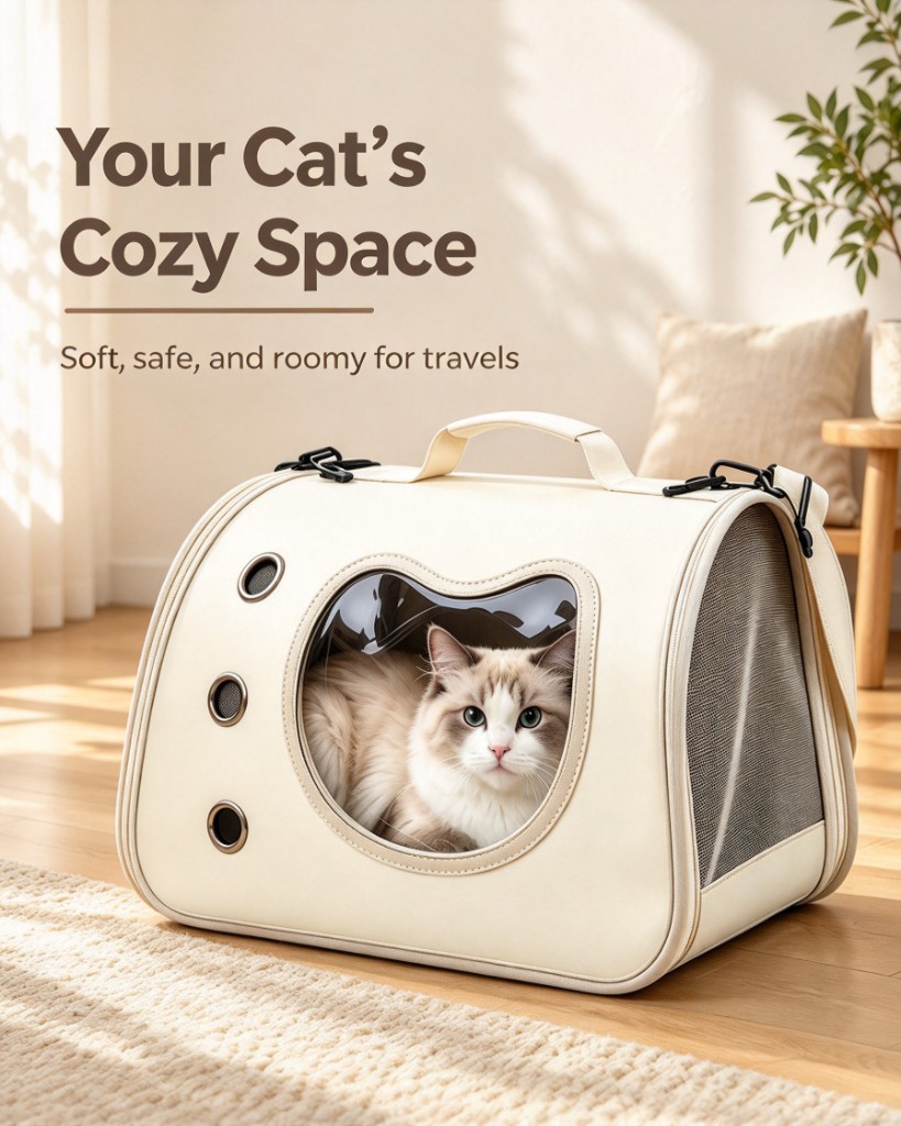 A cream leather pet carrier with a mesh side and a round window, a long-haired cat looking out