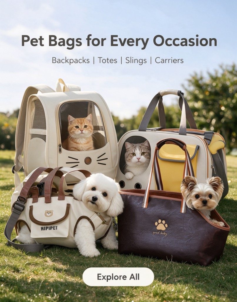 Four pet bags on grass: a backpack, a window carrier, a sling, and a tote