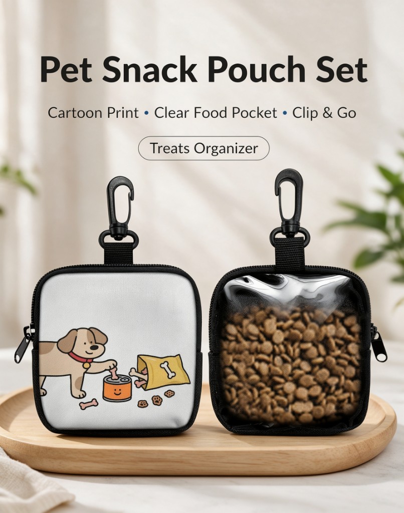 Two small clip pouches on a wood tray, one printed and one with a clear pocket of kibble