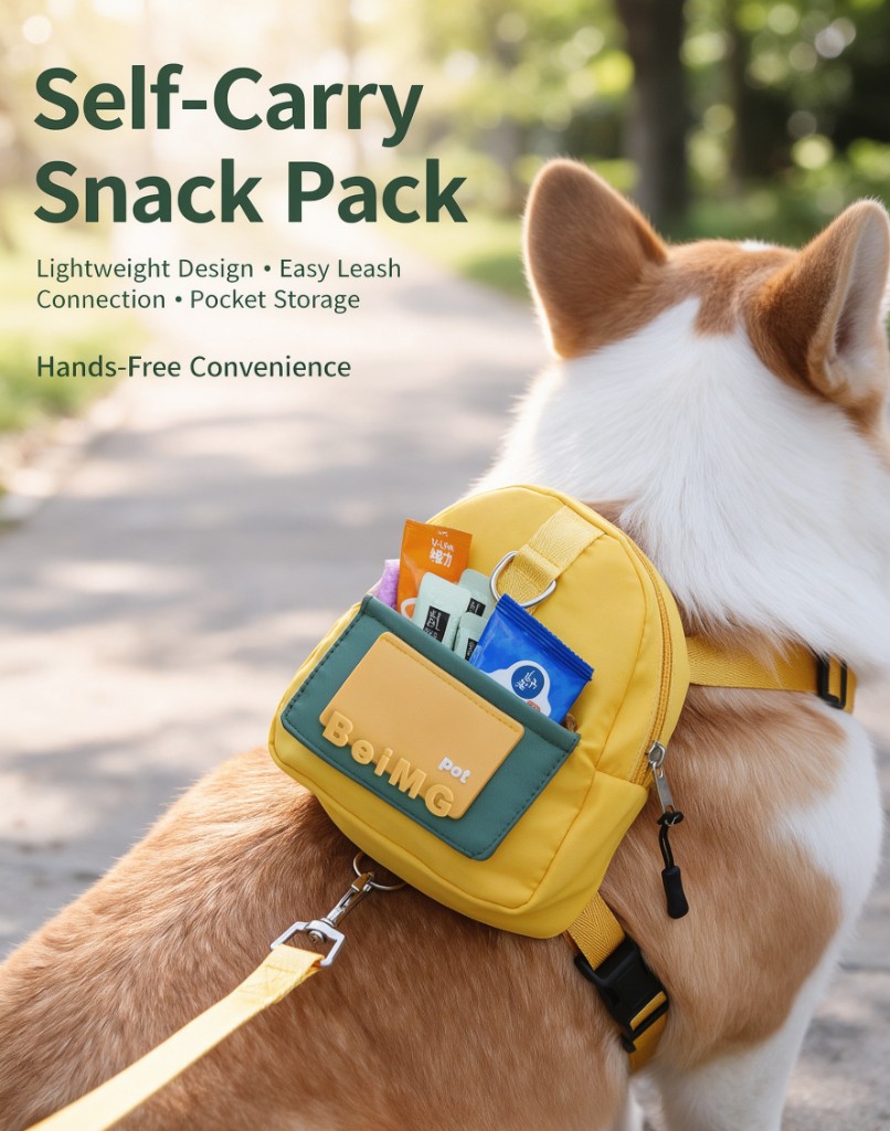 A yellow and green snack pack worn by a corgi, with treat packets in the pocket and a leash clipped on