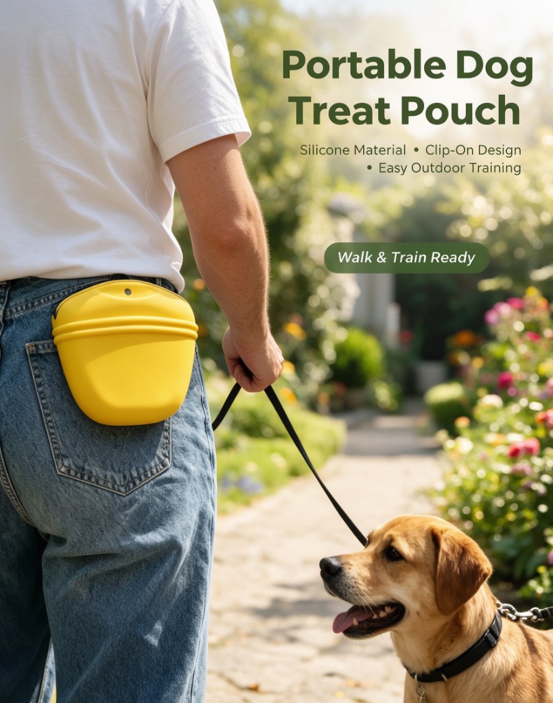 A yellow molded pouch clipped at the hip of a person walking a dog on a garden path