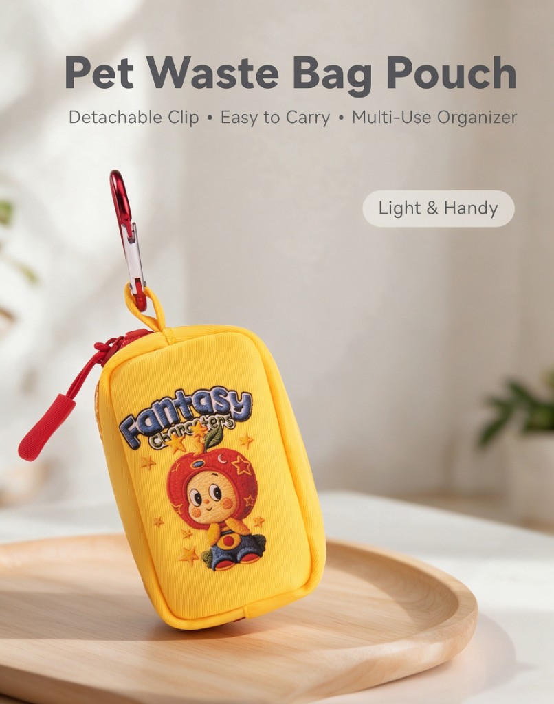 A yellow zip pouch with a red clip and a printed face, standing on a wood tray