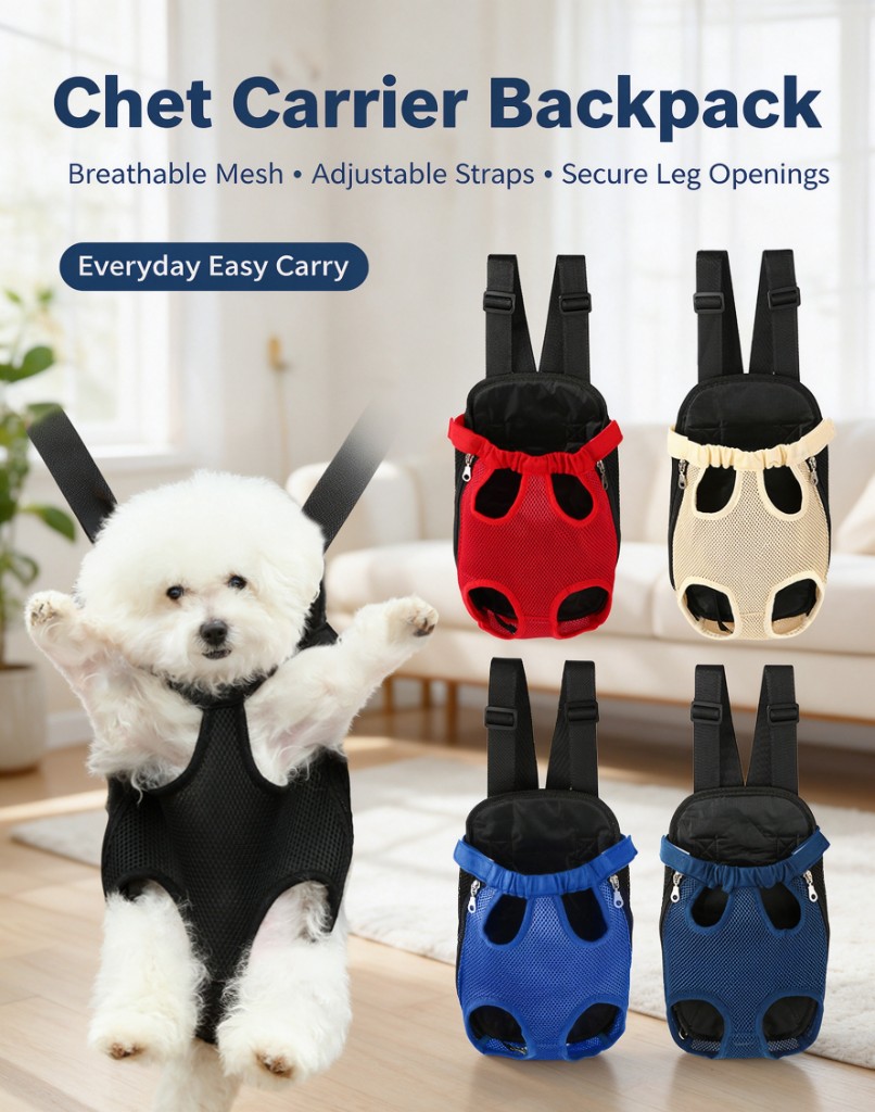 A white dog in a black mesh chest carrier backpack, with red, beige, and blue color options shown from the back