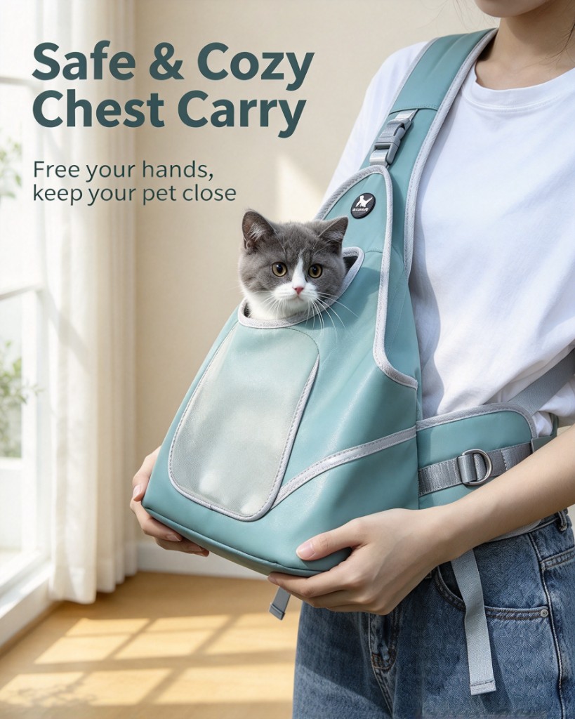 A sage chest pet carrier worn on the front, with a grey and white cat looking out