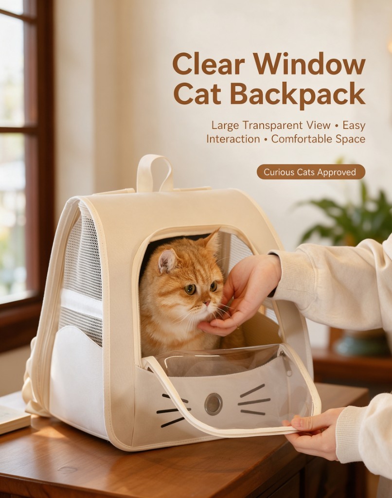 A cream cat backpack on a table, with an orange cat looking out and a clear door held open