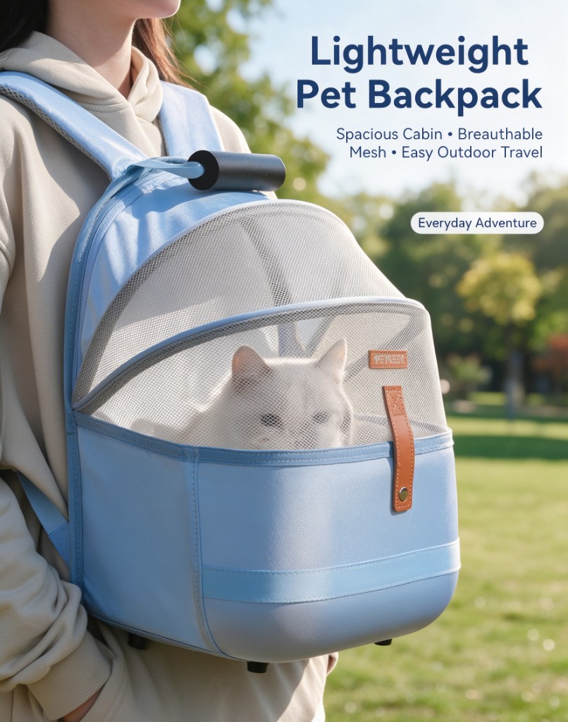 A light blue pet backpack worn on a person's back, with a white cat looking through the mesh window