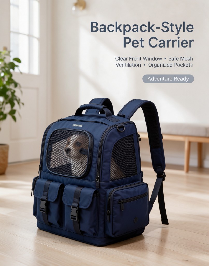 A navy pet carrier backpack with a dog looking through the front mesh window, standing on a wood floor