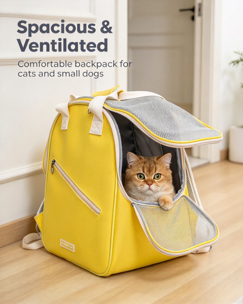 A yellow pet carrier backpack with the mesh door open and an orange cat sitting inside