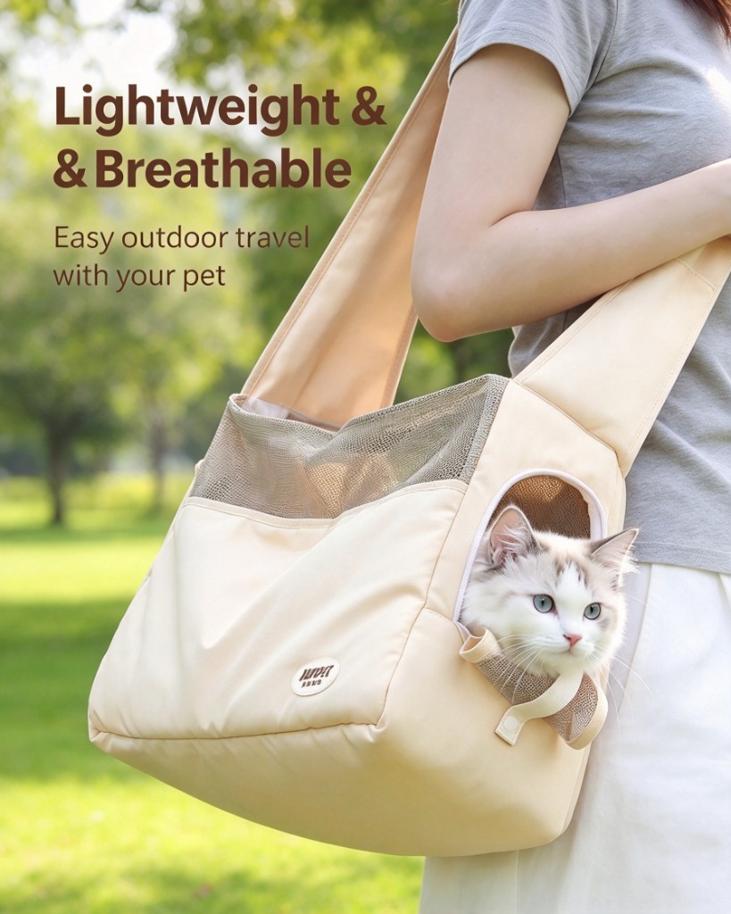 A beige pet sling bag with mesh panels and a cat looking out