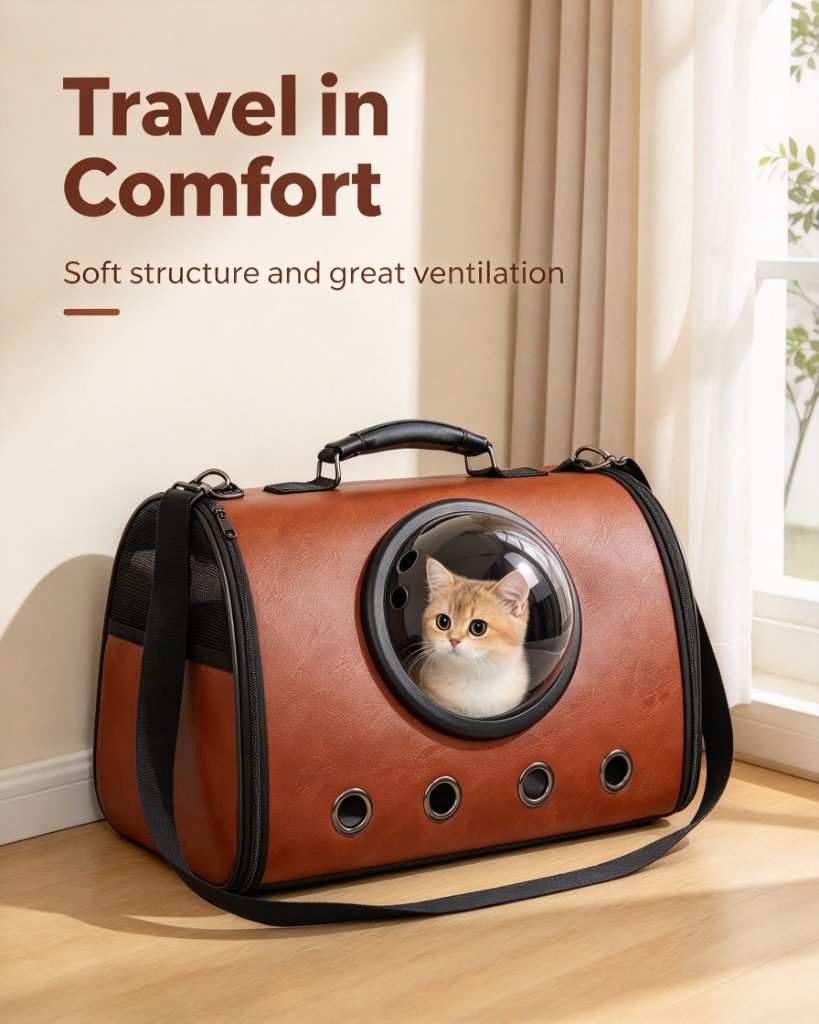 A brown crossbody pet carrier with a round window, a shoulder strap, and a ginger cat inside