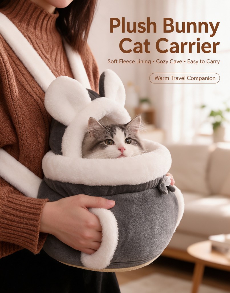 A person holding a grey plush cat carrier with bunny ears and a white rim, a cat looking out