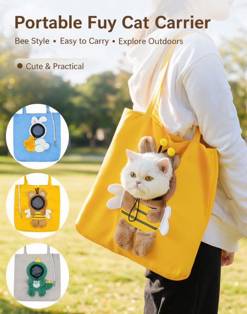 A yellow shoulder tote with a cat looking through a bee-shaped panel, and three more character prints beside it