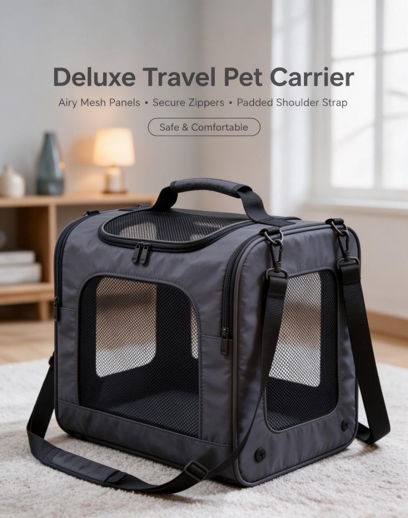 A grey travel pet carrier with mesh panels and a padded shoulder strap, on a light rug