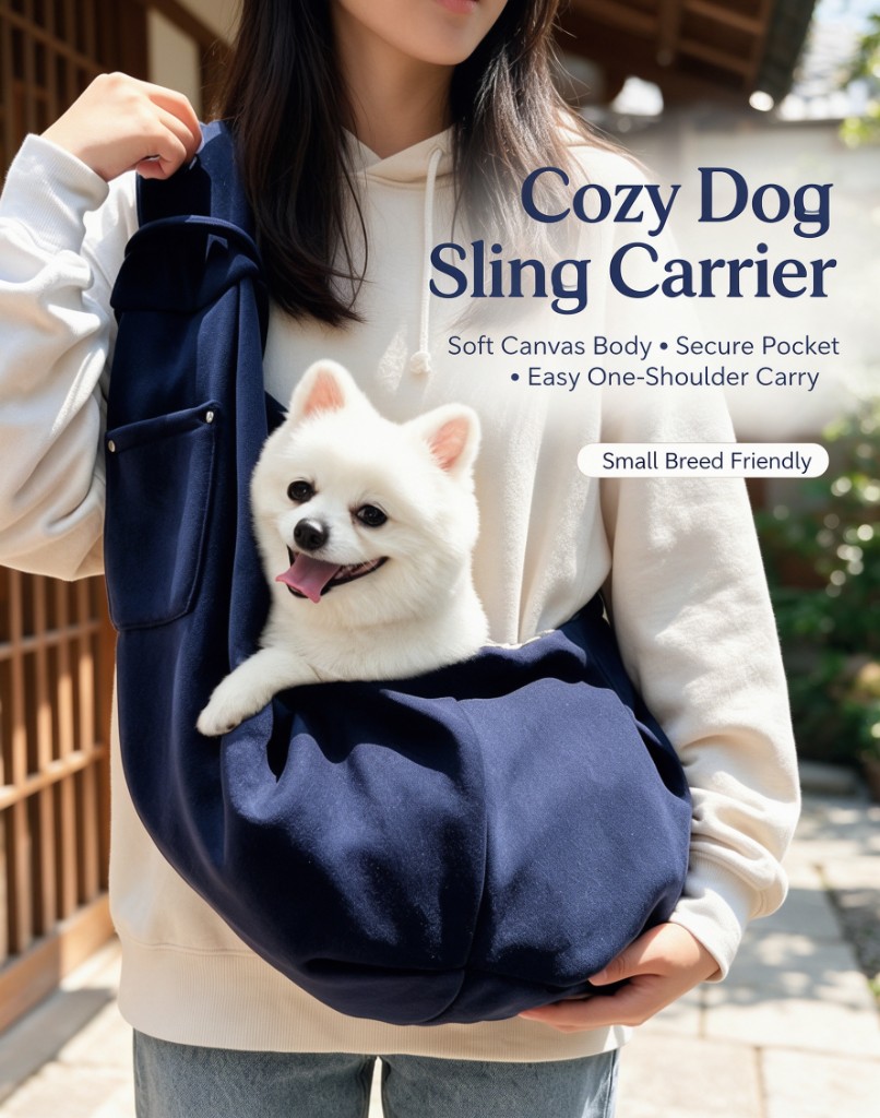 A person wearing a navy sling on one shoulder, with a small white dog sitting in the pocket