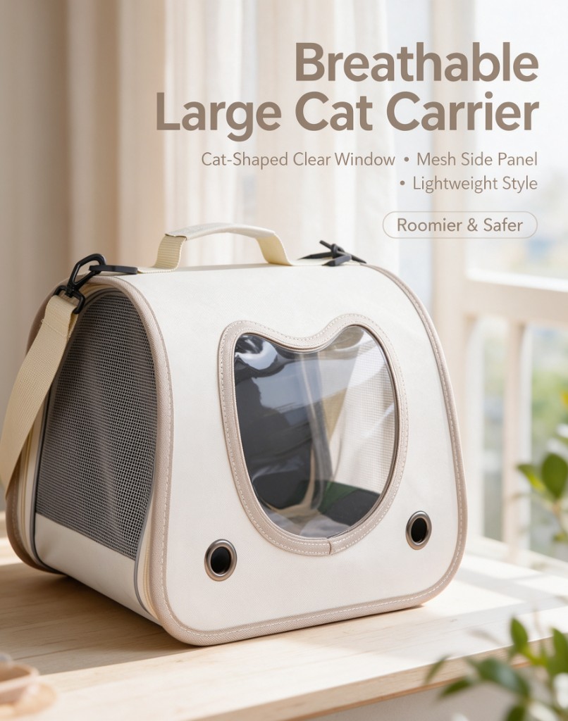 A cream cat carrier with a cat-shaped clear window, a mesh side panel, a top handle, and a shoulder strap