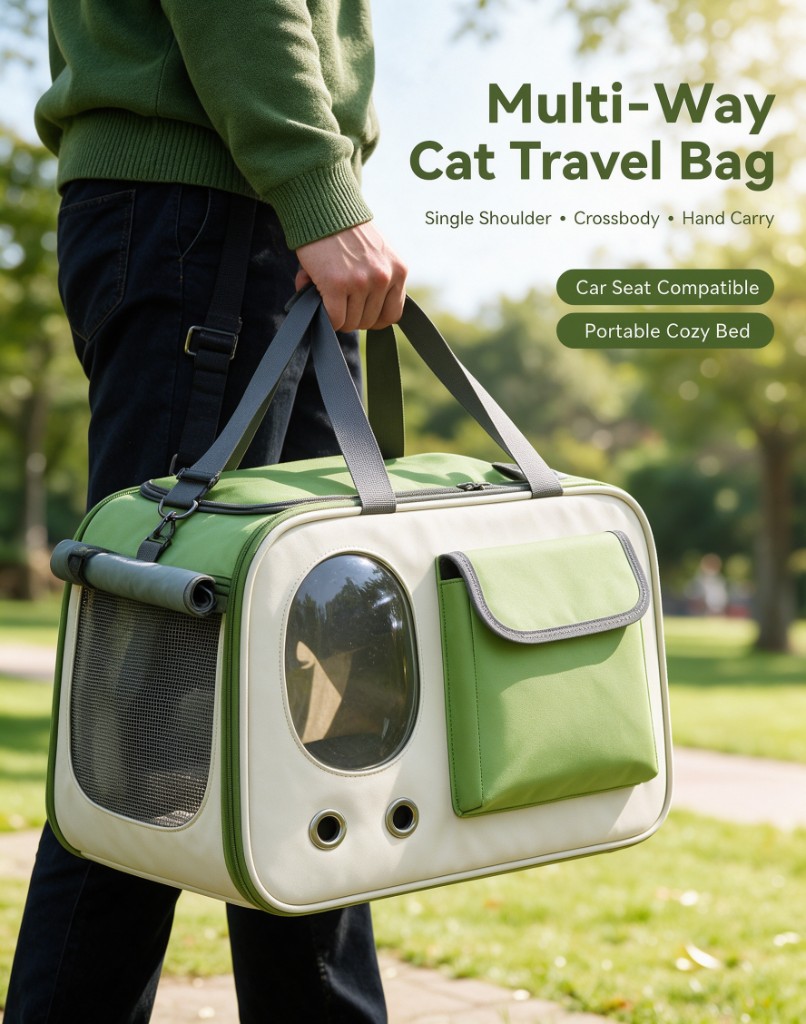 A person carrying a green and cream cat travel bag by the handles, with a round window and a front pocket