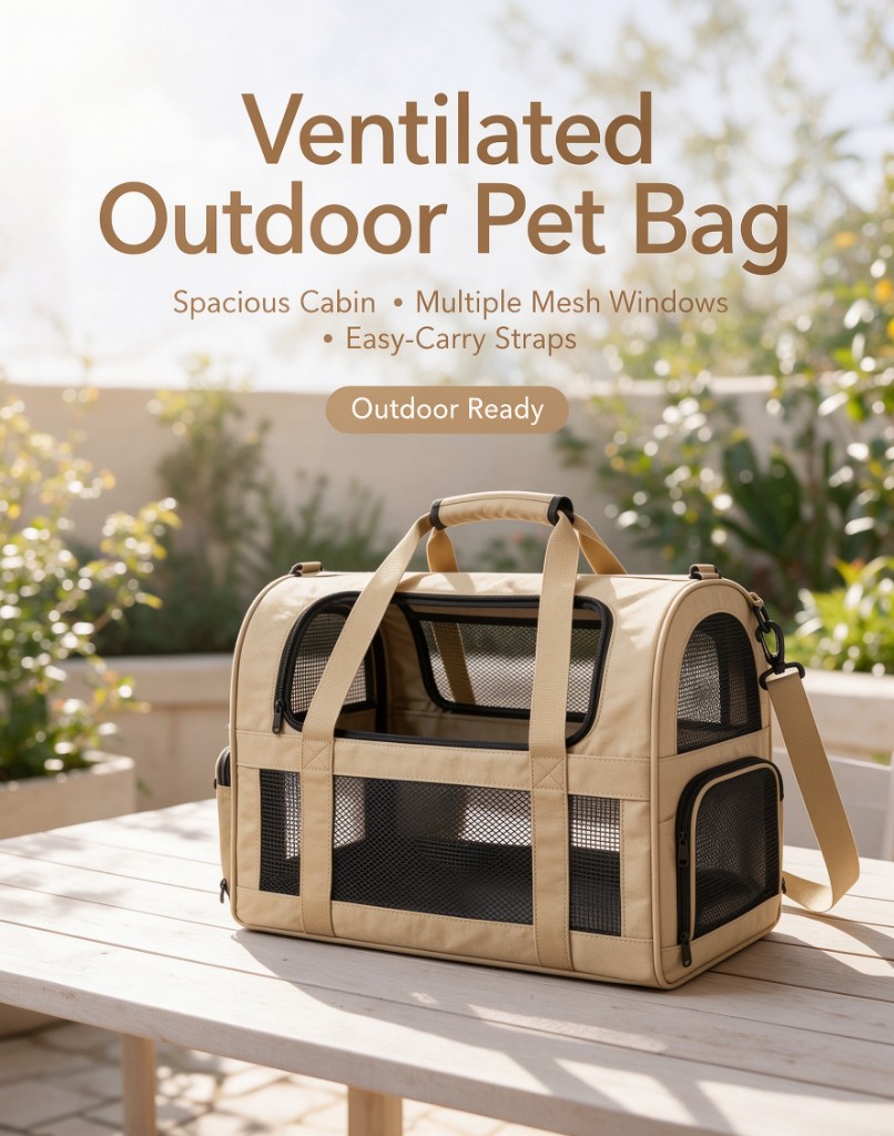 A beige outdoor pet carrier with mesh windows, a top handle, and a shoulder strap, on a wood table