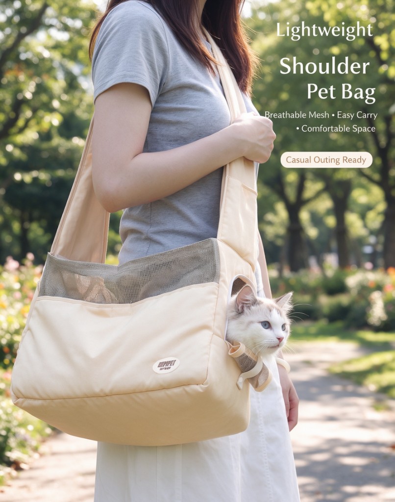 A person carrying a beige shoulder bag with a mesh panel, a cat looking out of the side opening