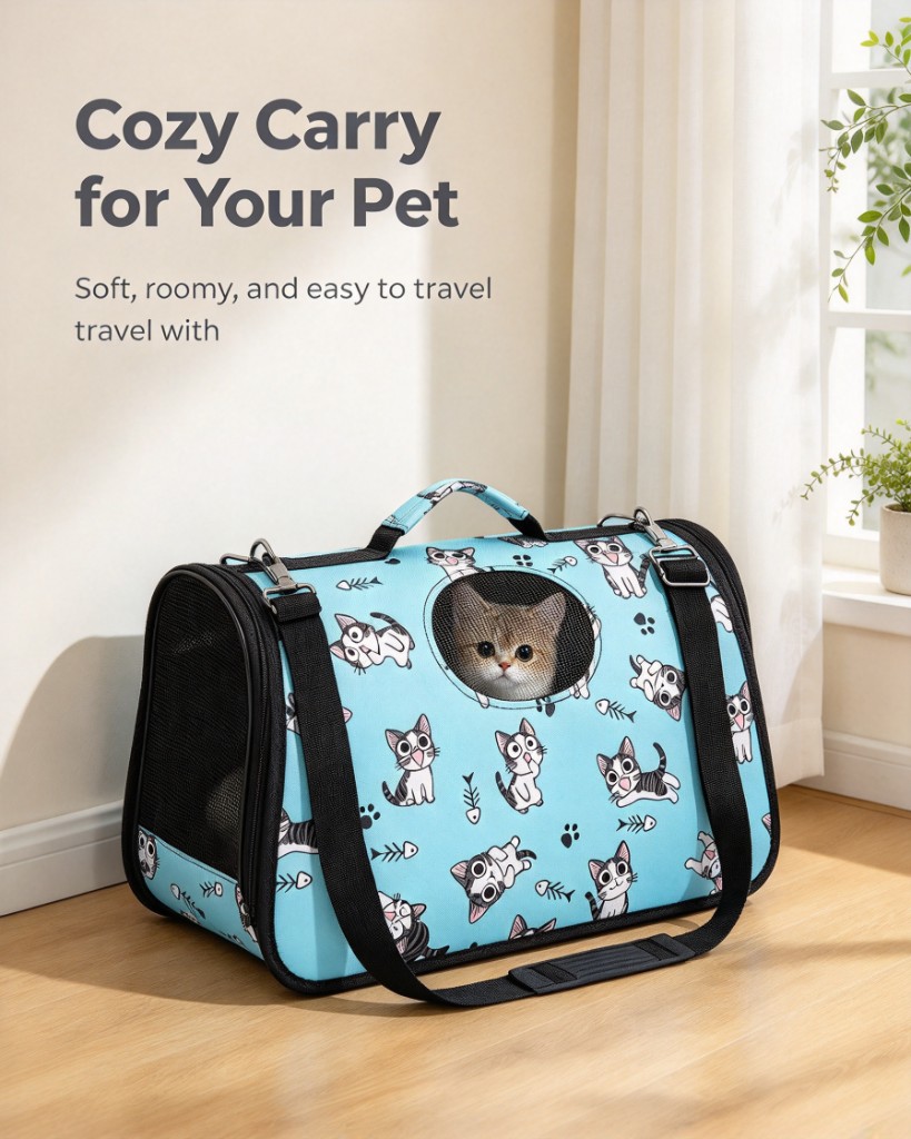 A light blue pet carrier bag with mesh sides and a kitten looking through the round window