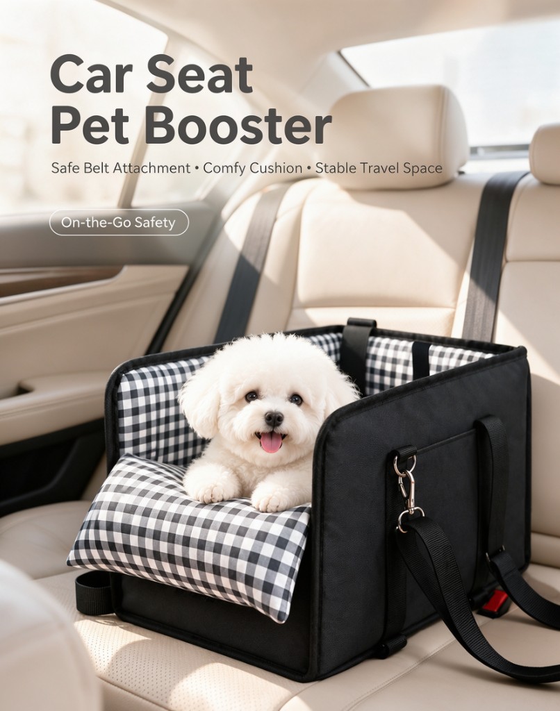 A black pet seat with a check cushion on a car seat, with a carry strap at the side