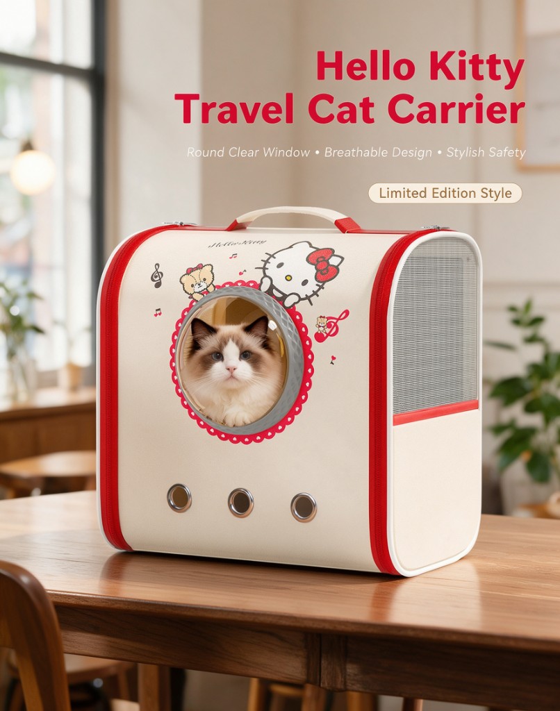 A cream travel cat carrier with red trim, a round window, side mesh, and a character print, on a wood table