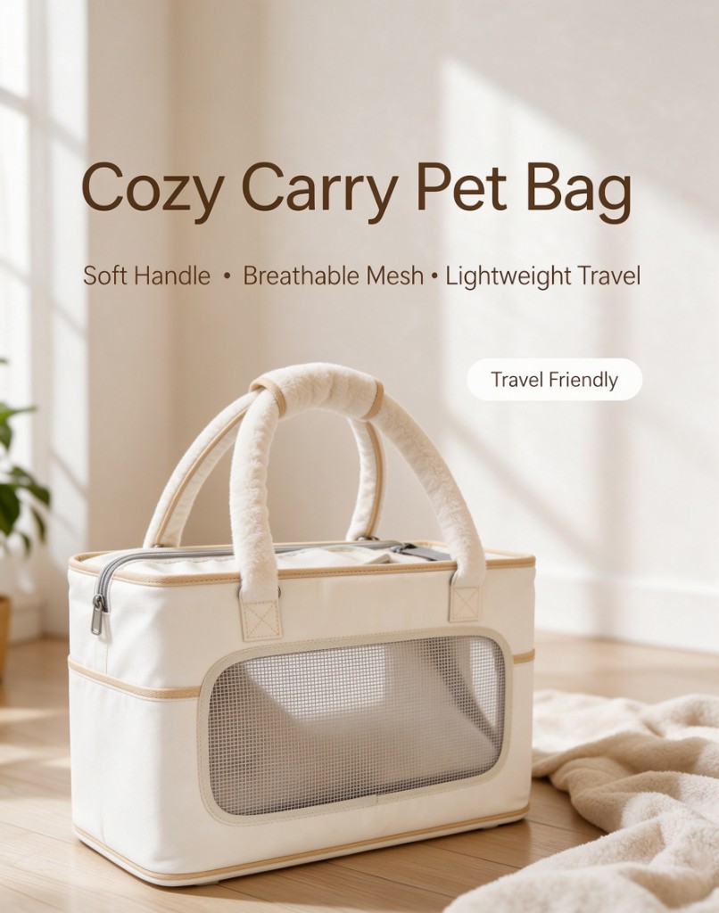 A cream pet carrier bag with soft top handles and a mesh window, sitting on a wood floor