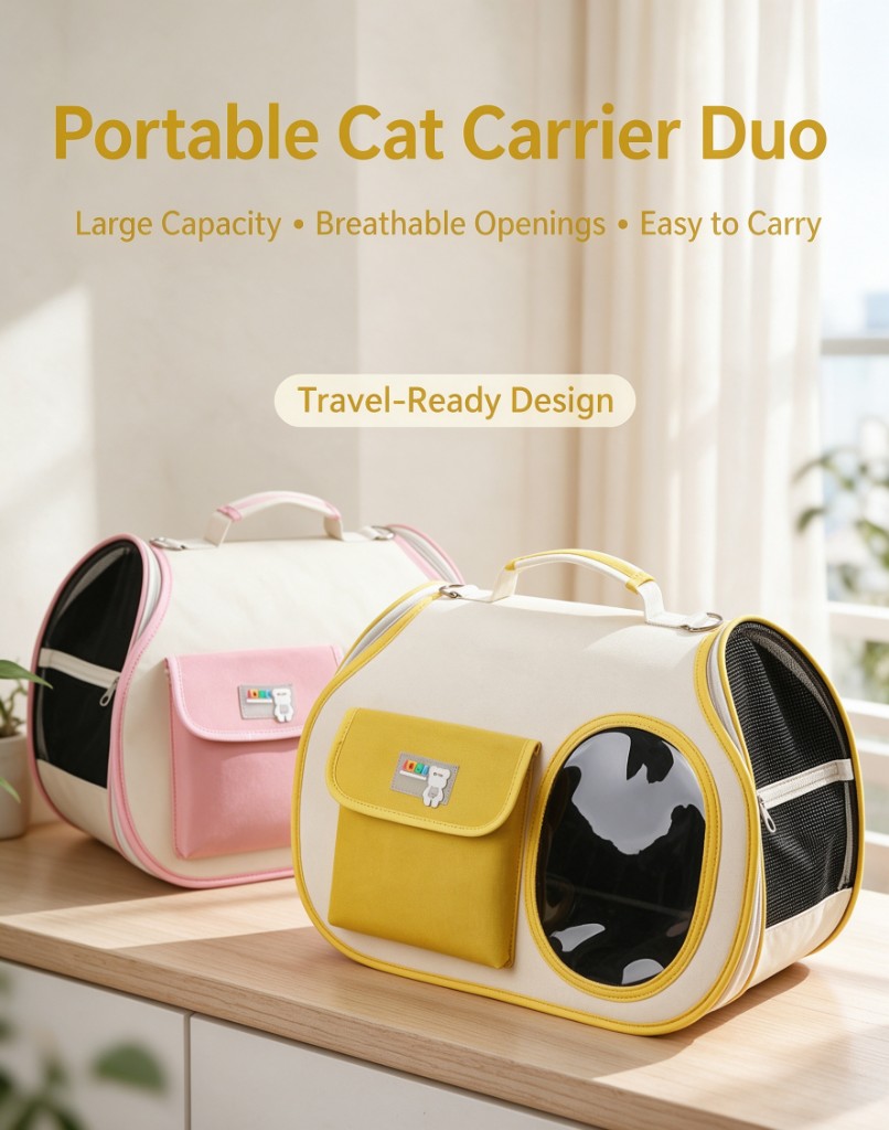 Two handheld cat carriers on a cabinet, one with pink trim and one with yellow trim and a round window