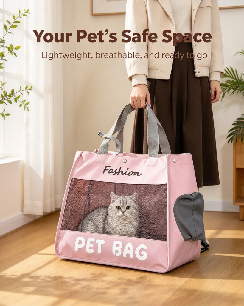 A pink handheld pet carrier with mesh panels and a grey cat inside, held by twin handles