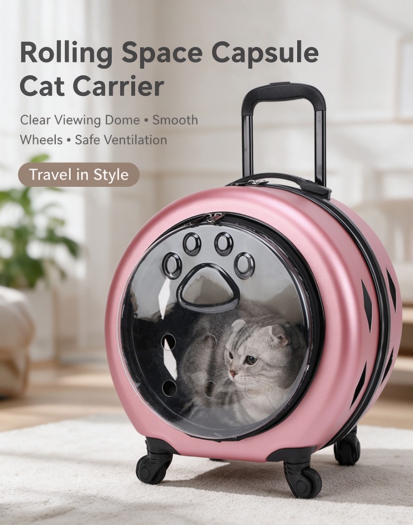A pink round rolling cat carrier with a clear front, air holes, and a pull handle