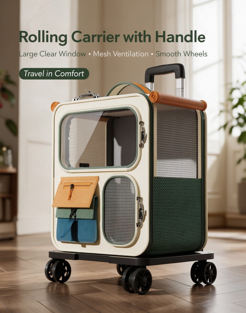 A cream rolling pet carrier with a clear window, mesh panels, front pockets, and a pull handle
