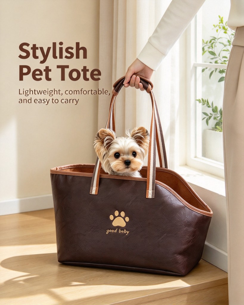 A dark brown pet tote bag held by two handles, with a small dog looking out of the open top